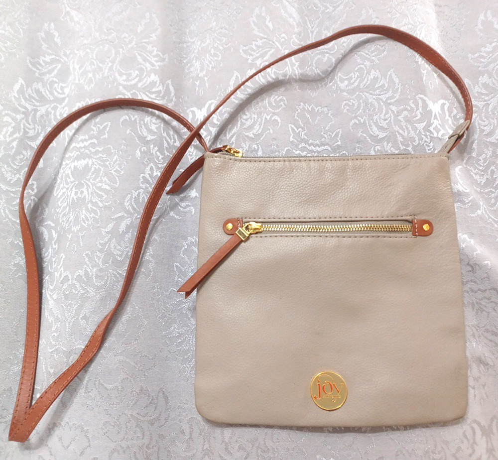Joy Beige 9x9 Crossbody Zipper Leather Purse Bag Gold Logo * Preowned Wear